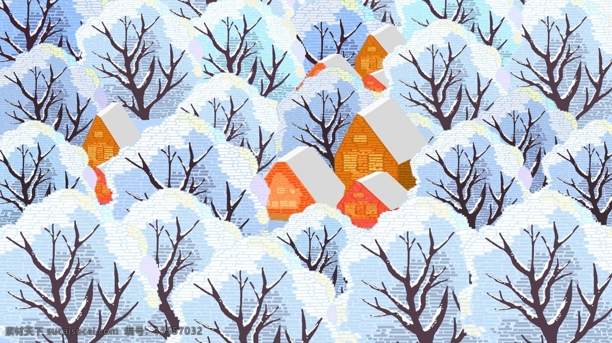 80s 复古 像素 冬季 雪景 插画 房子 雪 树 微博配图 冬天你好插画 冬天你好 手机用图 公众号配图