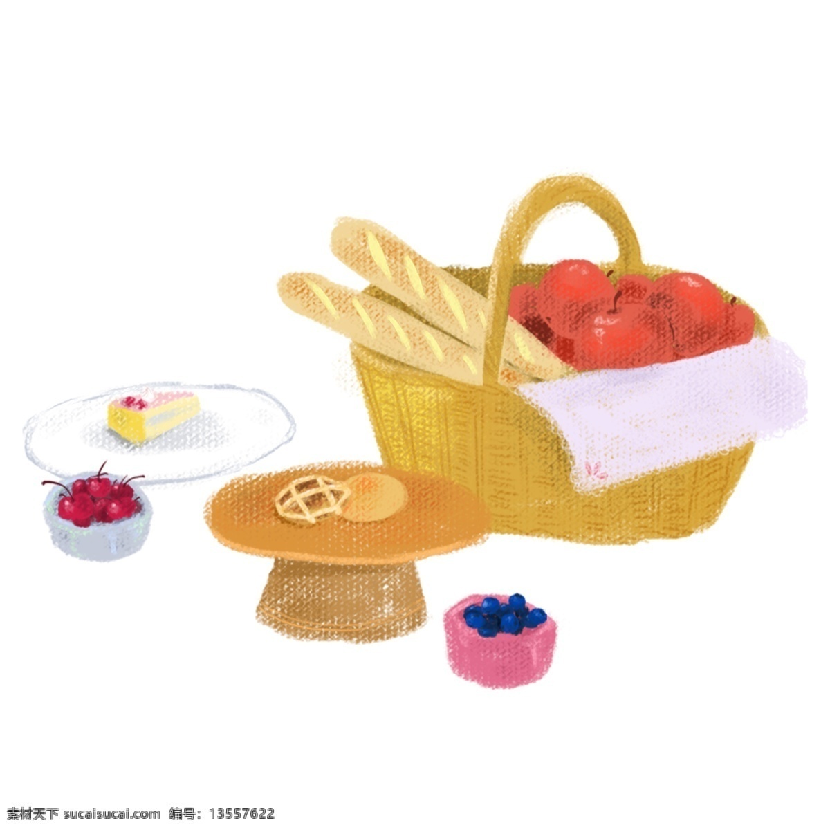 野营 聚餐 食物 小 场景 野餐 篮子 手提篮 托盘 松饼 蓝莓 樱桃 蛋糕 盘子 面包 苹果 餐布 黄色 秋季