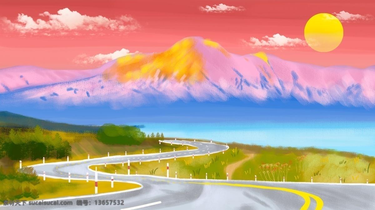 手绘 大气 山水风景 插画 背景 小清新背景 植物背景 水彩背景 公路 通用背景
