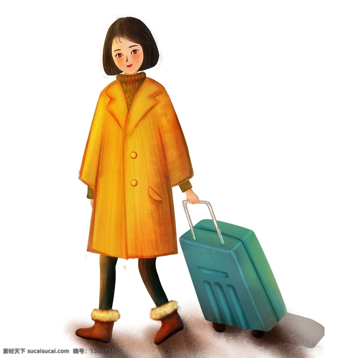 拖 行李 回家 过年 人物 卡通 插画 复古肌理 手绘 女人 短发女生 人物设计