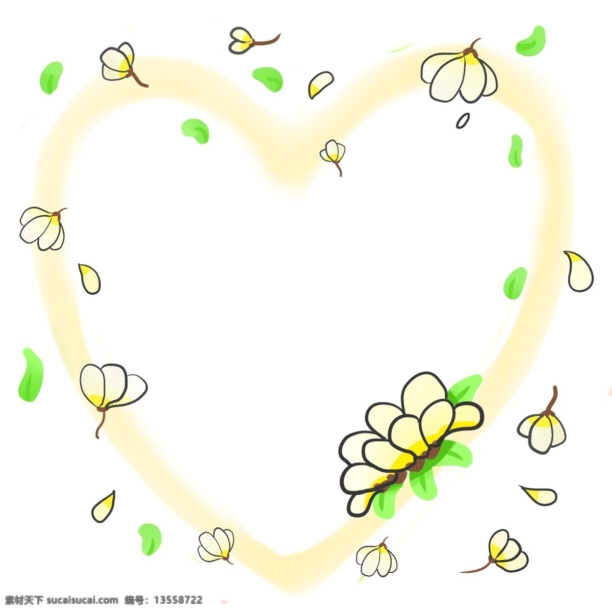 卡通 心形 边框 插画 黄色的菊花 黄色的心形 绿色的叶子 绿色的花片 黄色的花瓣 散落的花瓣 美丽的花瓣