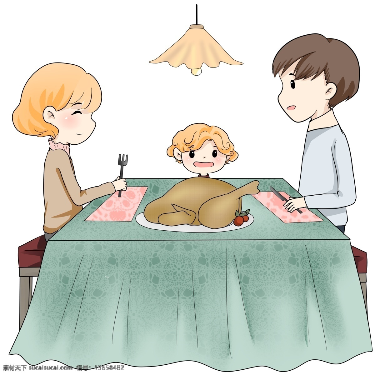 手绘 感恩节 一家人 吃 火鸡 插画 场景 火鸡大餐 感恩节美食 卡通 人物 感恩生活