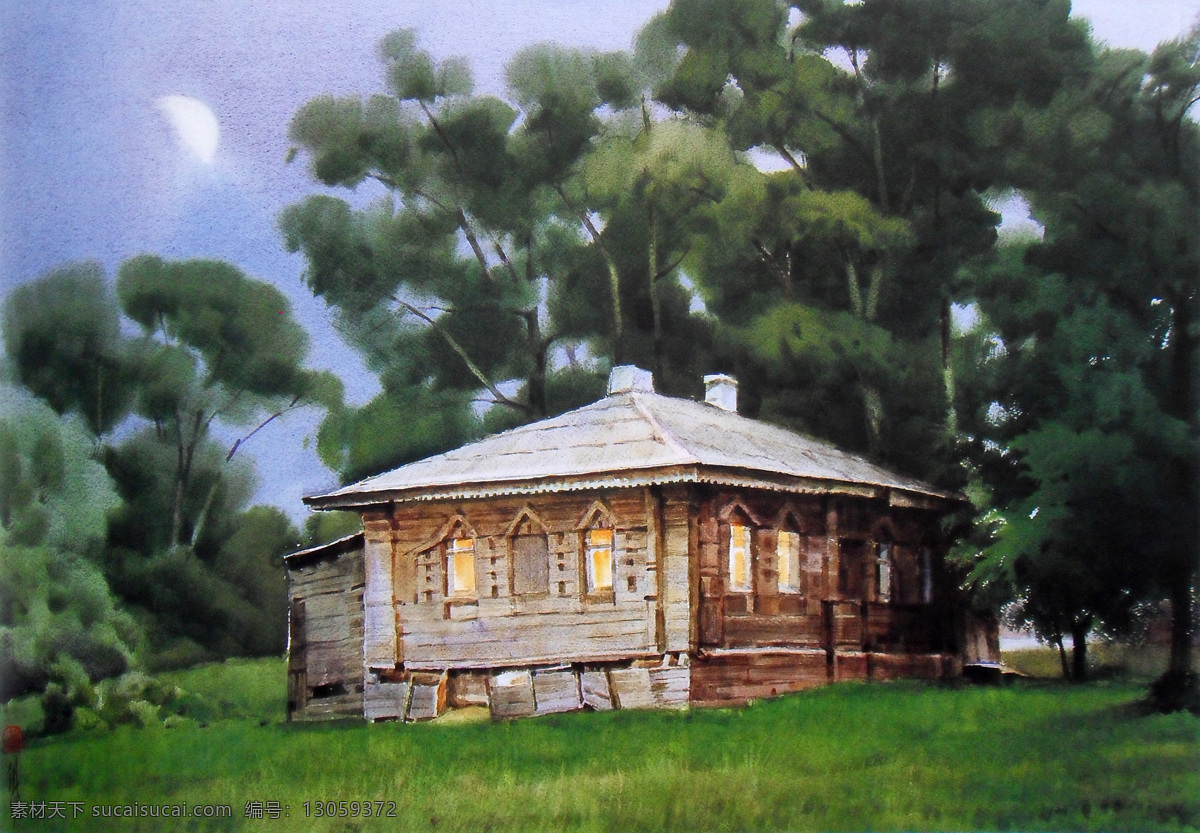 水彩画 俄罗斯 乌 格利 奇民 居 水彩 风景 水彩风景画 民居 木屋 月亮 月色 草地 绿色 国外 黄铁山 黄铁山水彩画 绘画书法 文化艺术