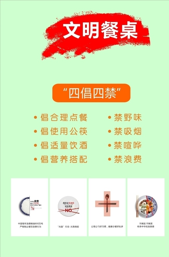 文明 餐桌 四 倡 禁 文明餐桌公约 公筷行动 文明餐桌行动 文明餐桌标语 文明餐桌口号 饭堂展板 餐桌文化 餐厅背景墙 餐厅挂图 文明餐桌宣传 节约粮食 公勺公筷标语 公筷宣传 食堂标语 餐厅 节约 食堂展板 光盘行动 餐饮文化 饭堂 食堂 公勺公筷 文明用餐 食堂文化 传统美德 环保题材 展牌画册 展板模板
