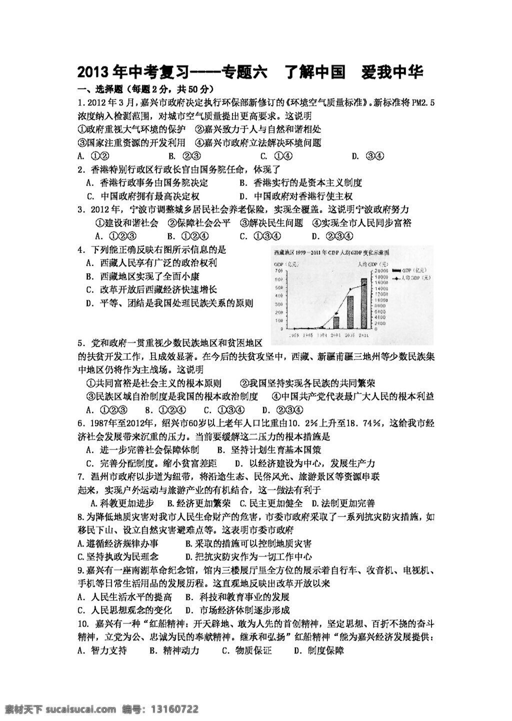 中考 专区 思想 品德 复习 专题 六 了解祖国 爱我中华 人教版 试题试卷 思想品德 中考专区