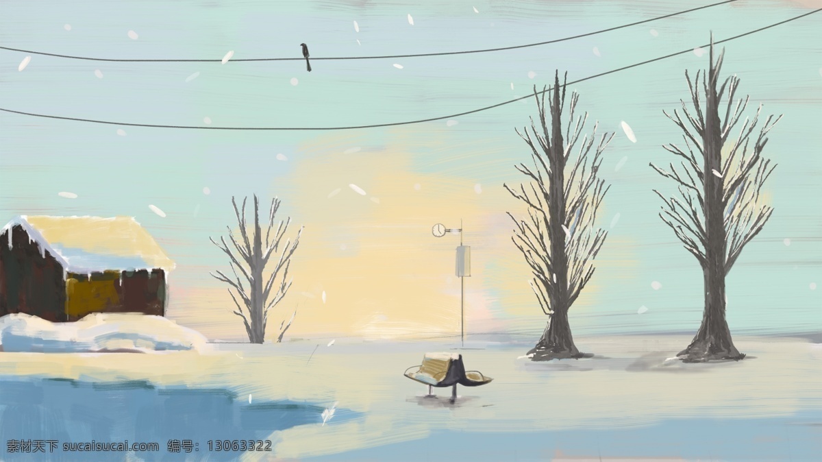 雪地 村庄 风景 冬季 初雪 手绘 插画 房屋 枯树 电线 立冬风景 暖阳 长椅