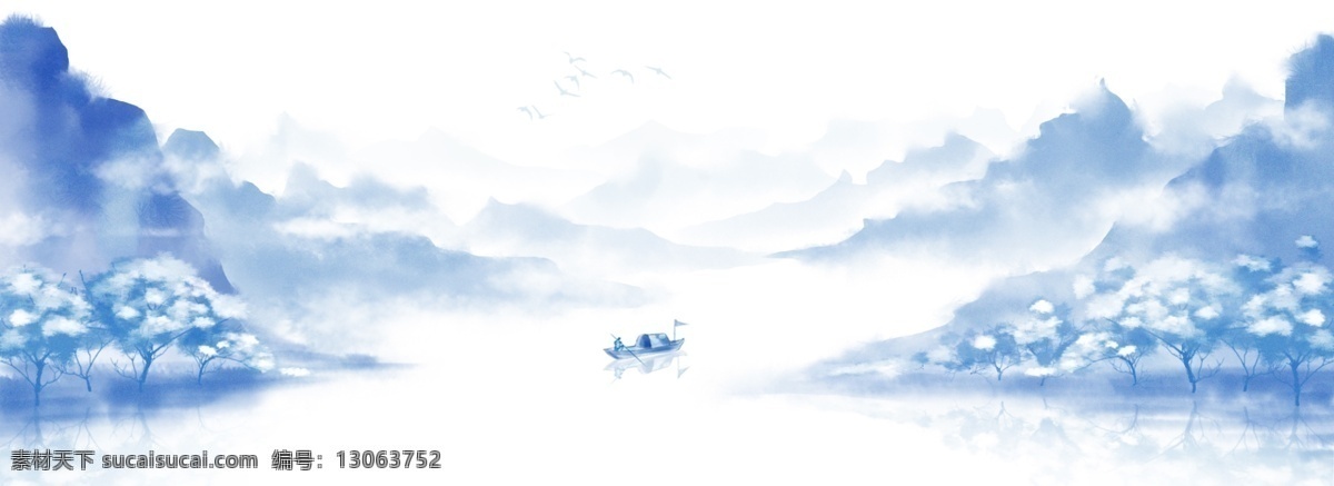 蓝色 写意 水墨 山水画 中国风 复古 逍遥 渔船 远山