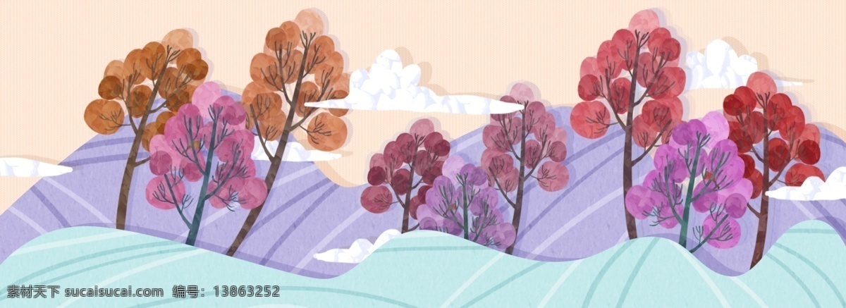 手绘 森林 剪纸 banner 背景 云 山 抽象 简约 立体 层次 卡通