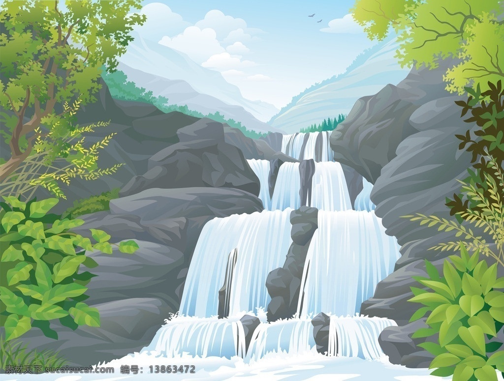 瀑布美景 林间瀑布 瀑布 流水 湖泊 山涧 湖面 巨石 岩石 树丛 山林 高山 小溪 远山 大自然 绿色 山水风景 自然松树 丛林 矢量 自然风景 自然景观