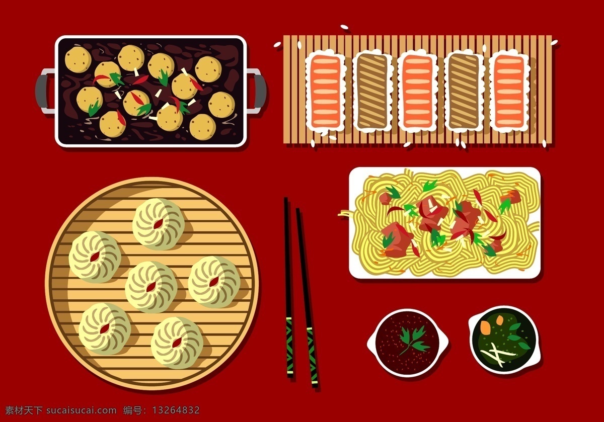 传统 美味 早餐 插画 面条 美食 包子