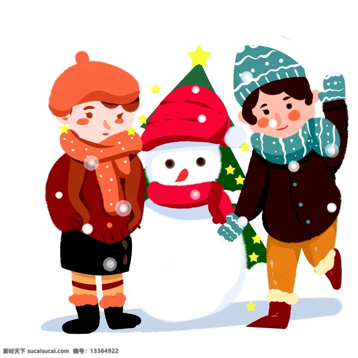 圣诞 场景 堆 雪人 圣诞树 下雪 儿童 玩耍 圣诞场景 堆雪人