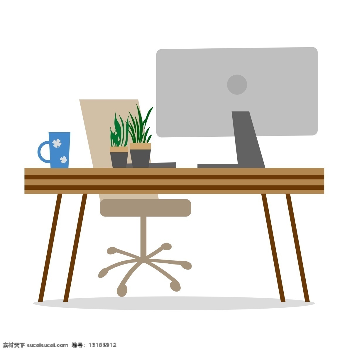 商务办公 原创 简约 办公桌 元素 杯子 椅子 桌子 植物 电脑 办公元素 盆栽 卡通办公桌
