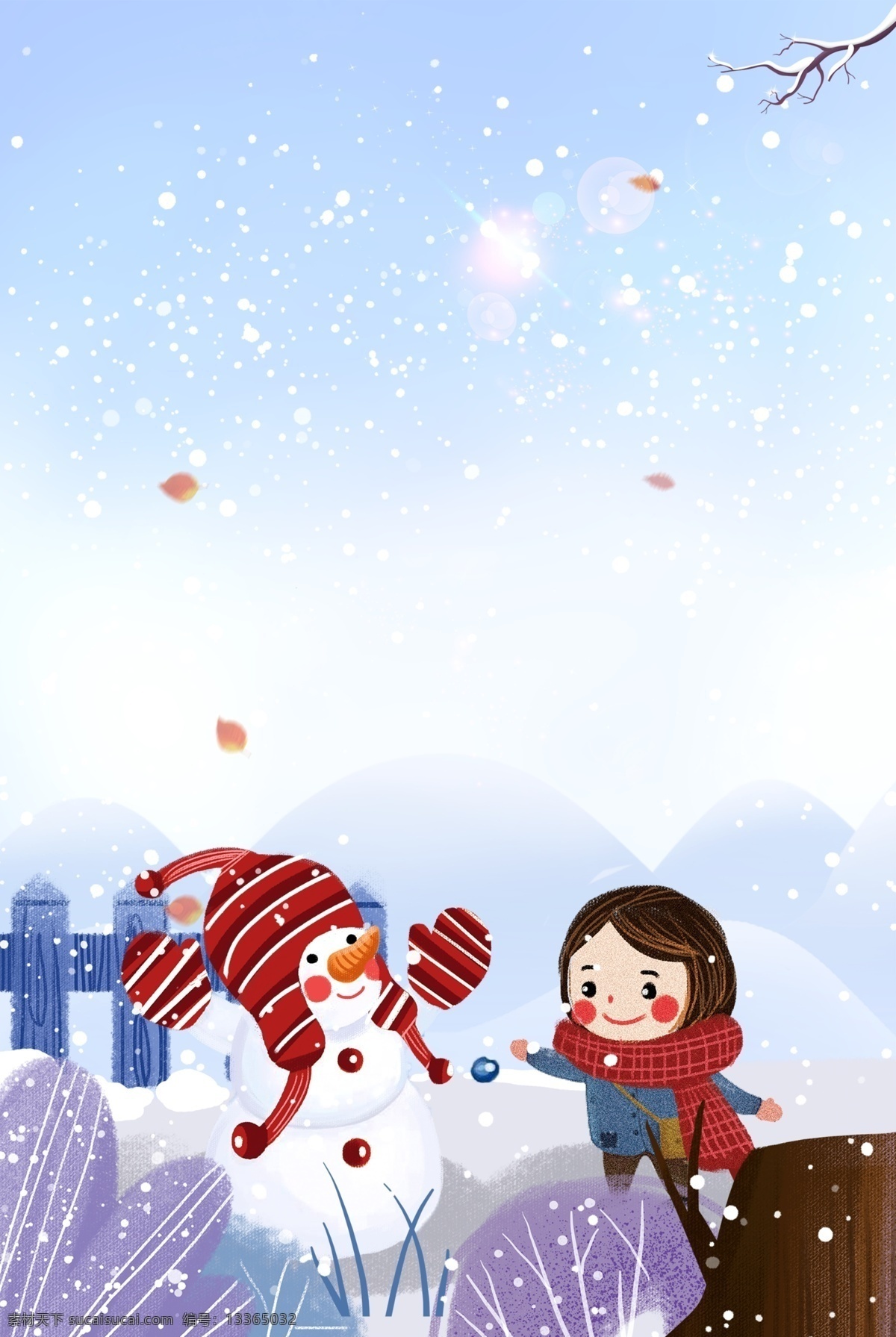 手绘 卡通 冬天 背景 雪花 树枝 可爱 女孩 雪人 雪地 帽子