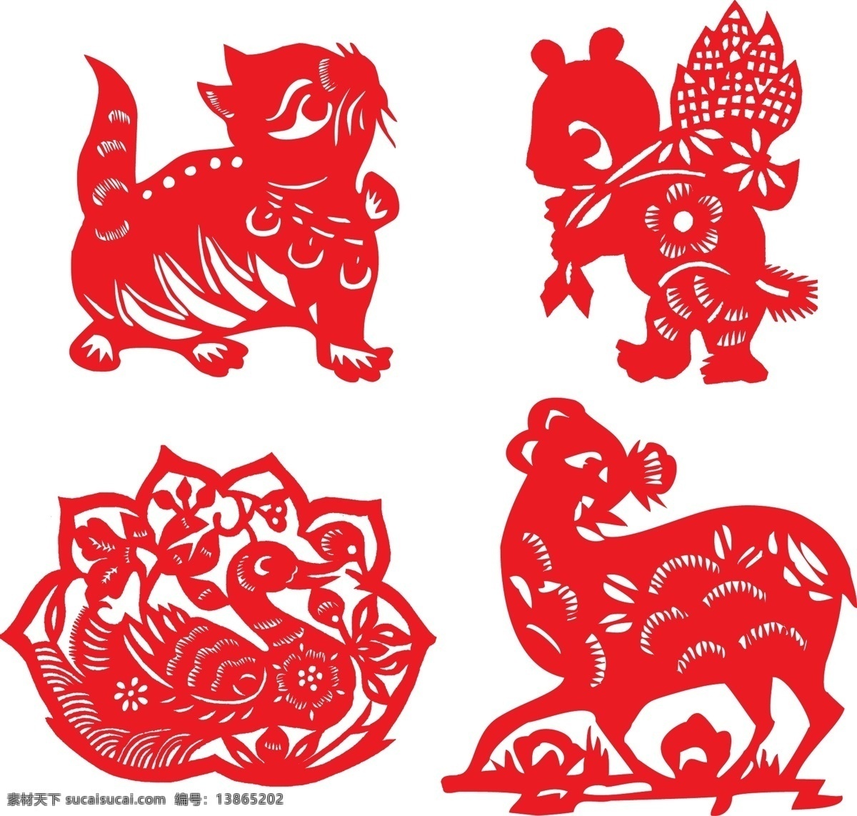 剪纸 窗花 动物剪纸 猫 熊猫 鸭子 小鹿 春节 过年 吉祥 镂空 传统文化 民间艺术 矢量 节日素材