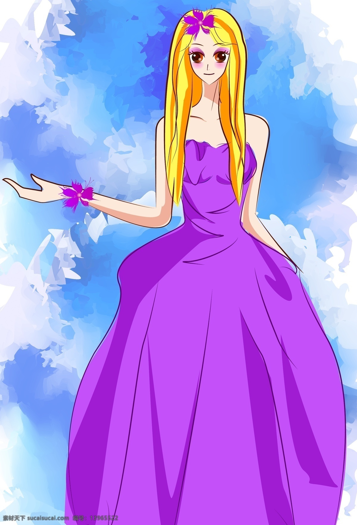 长发卡通美女 长发 美女 美少女 紫色 长裙