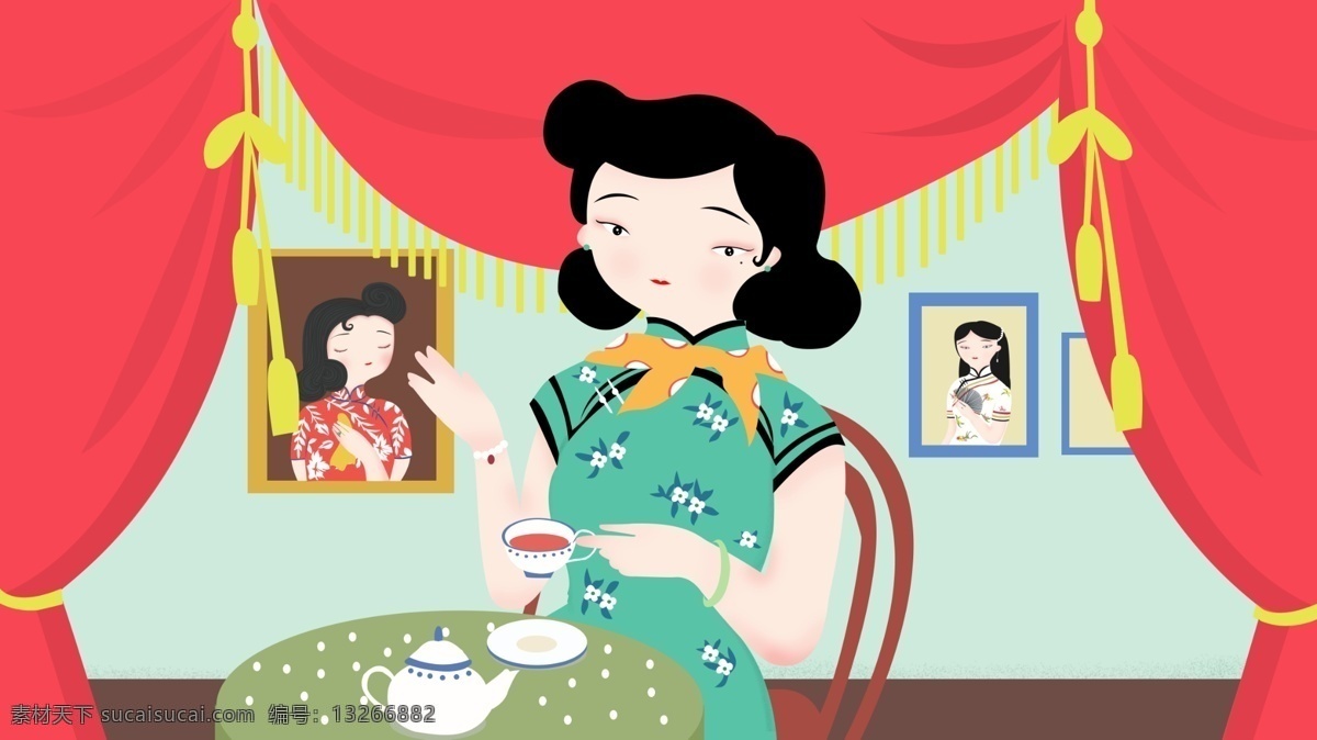 穿着 旗袍 悠闲 惬意 喝 下午 茶 女子 窗帘 居家 下午茶
