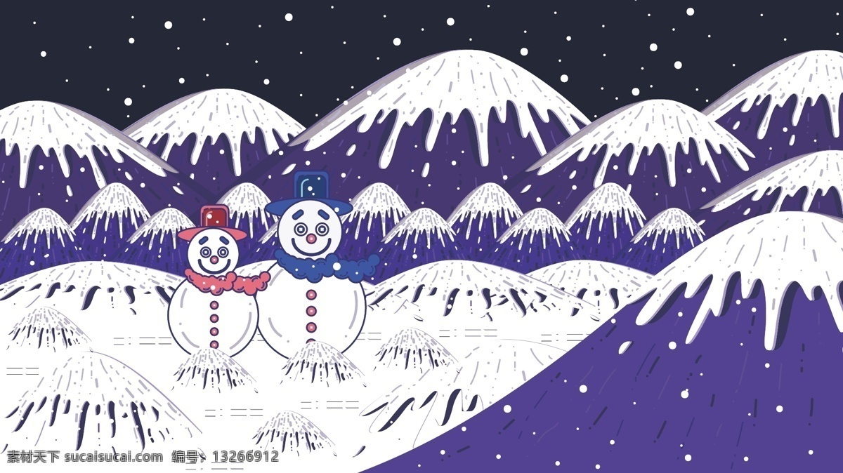 初雪 下 堆 雪人 插画 雪山 微博配图 初雪插画 手机用图 公众号配图