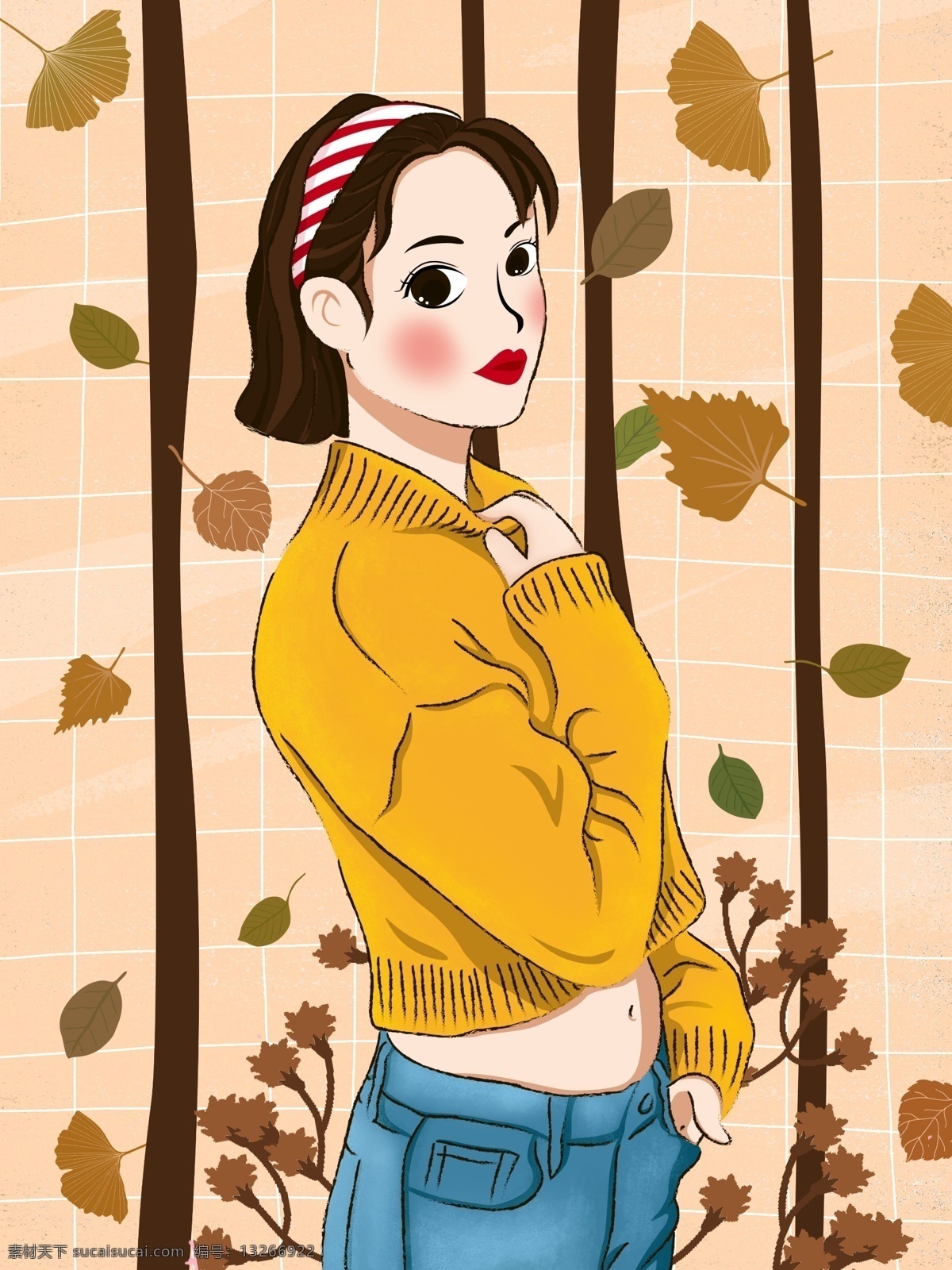 原创 秋季 少女 海报 插画 秋天 树叶 叶子 青春 秋 秋插画 绘画 银杏叶 秋季海报 枯萎 女孩 毛衣