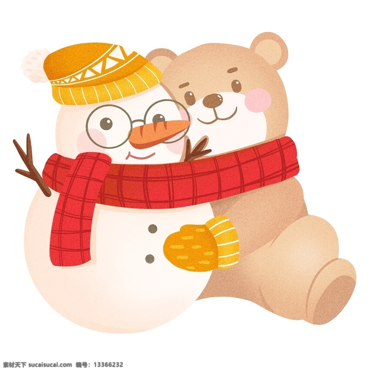 唯美 冬季 雪人 熊 插画 元素 小熊 卡通 治愈系 手绘 围巾