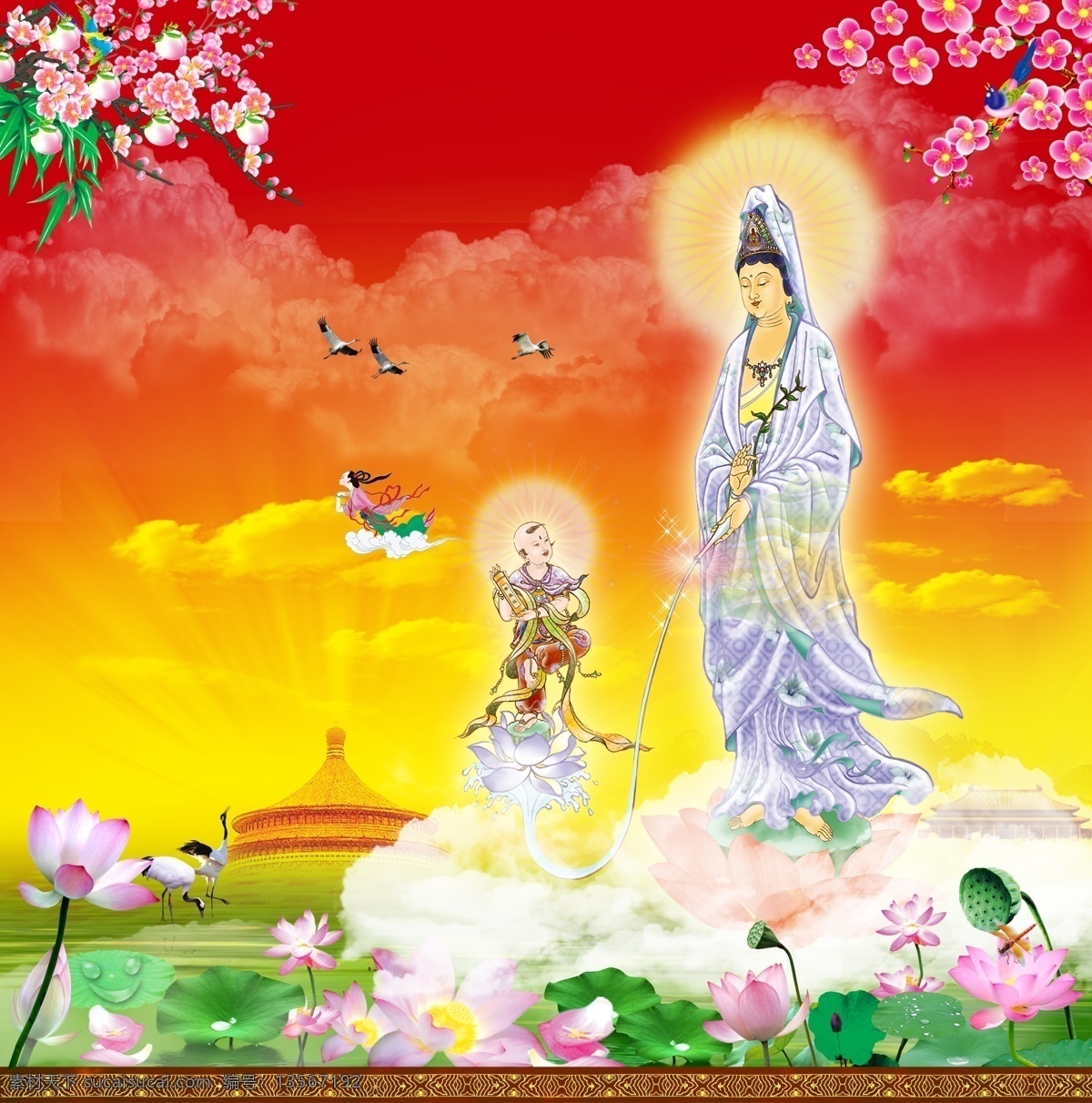 观音童子 佛像 佛 佛教 圣像 观音 童子 仙境 荷花 荷叶 仙鹤 仙女 花 桃 仙桃 星光 天宫 佛教圣像 分层 源文件
