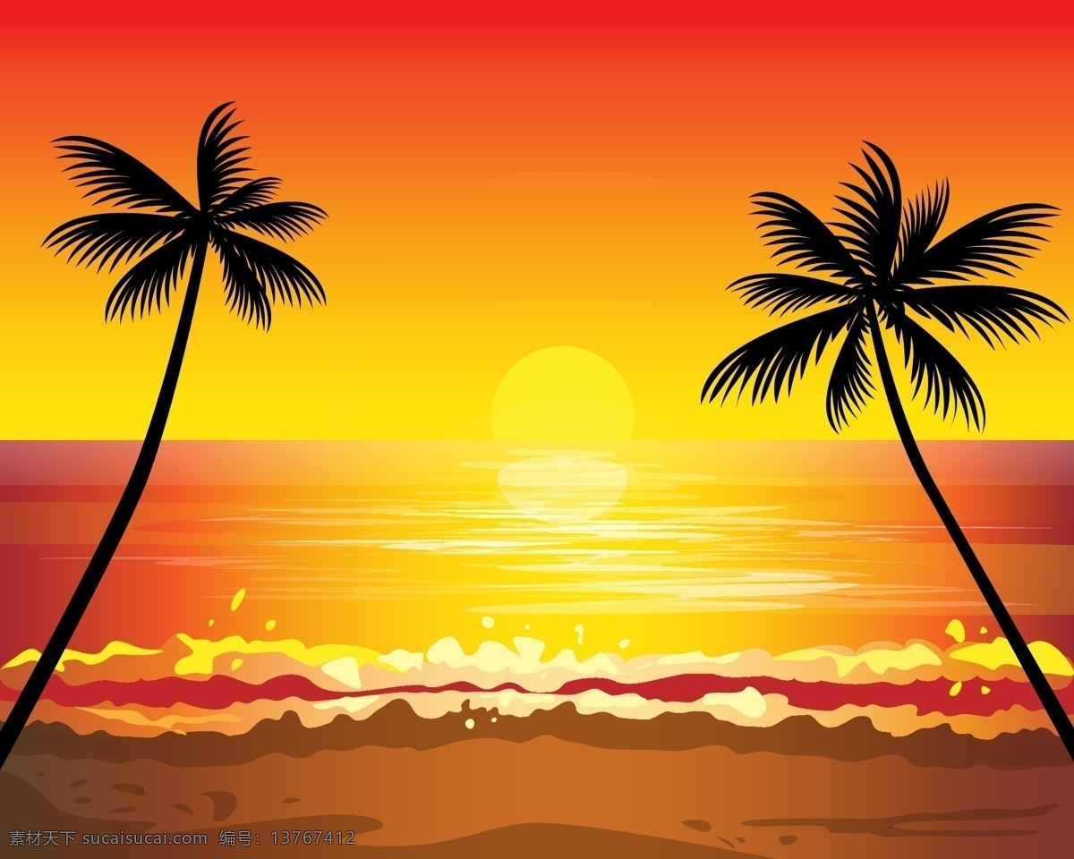 夕阳下的沙滩 椰树 夕阳 沙滩 风景 黄色