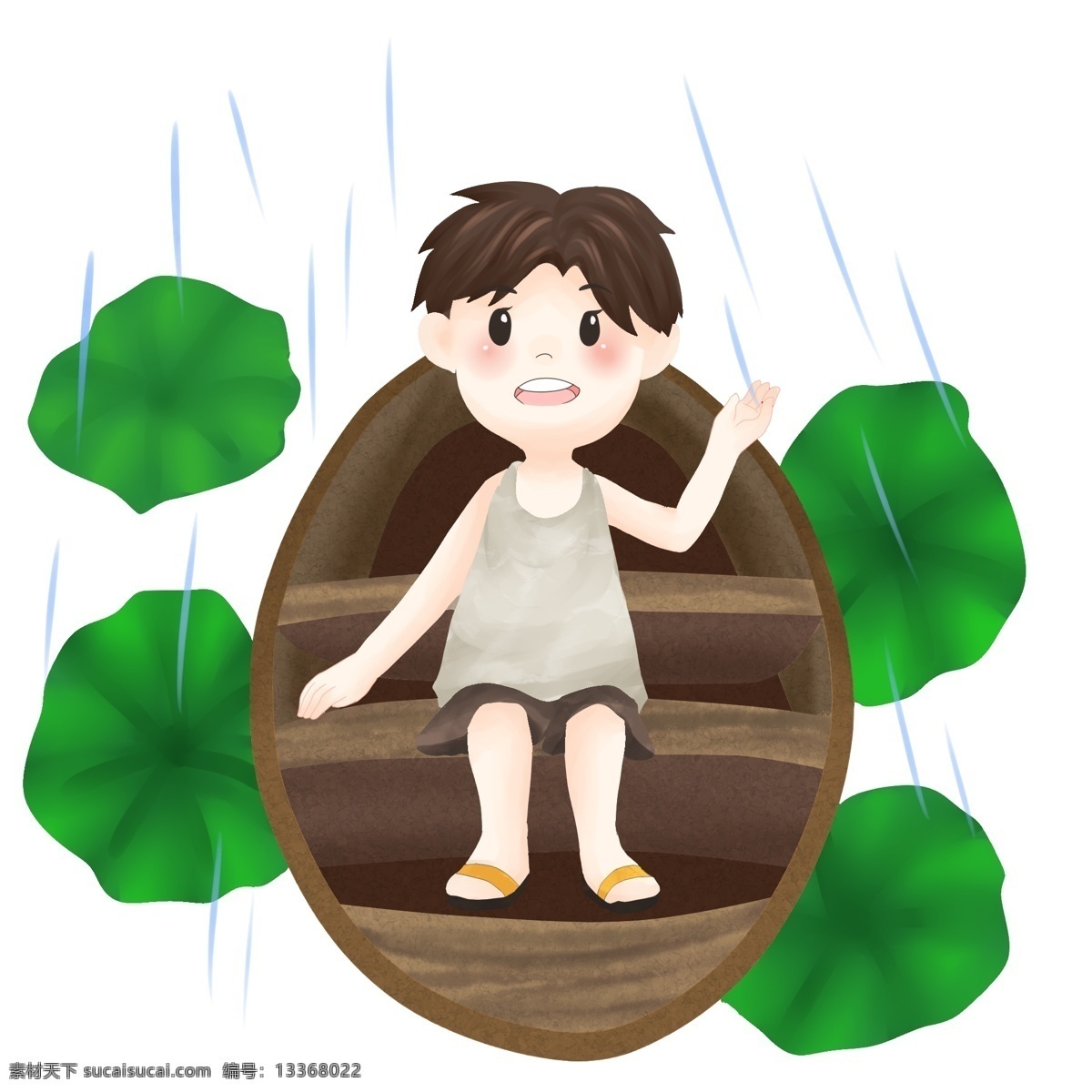 休息 小 男孩 插画 清明节 人物 休息的小男孩 蓝色的雨滴 卡通人物 植物装饰 黄色的小船