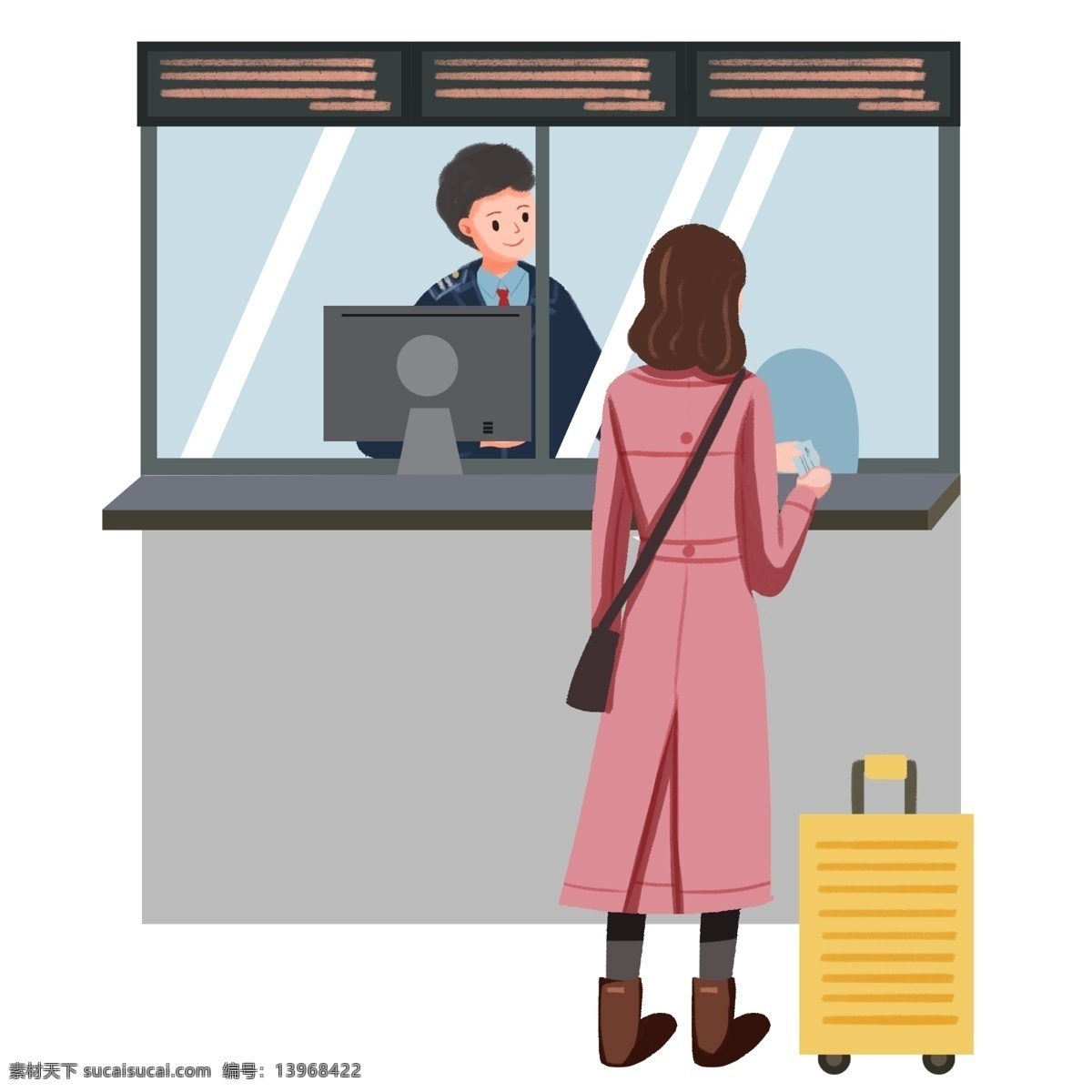 手绘 过年 回家 插画 黄色的行李箱 卡通的插画 过年回家插画 手绘插画 买票的女孩 售票的列车员