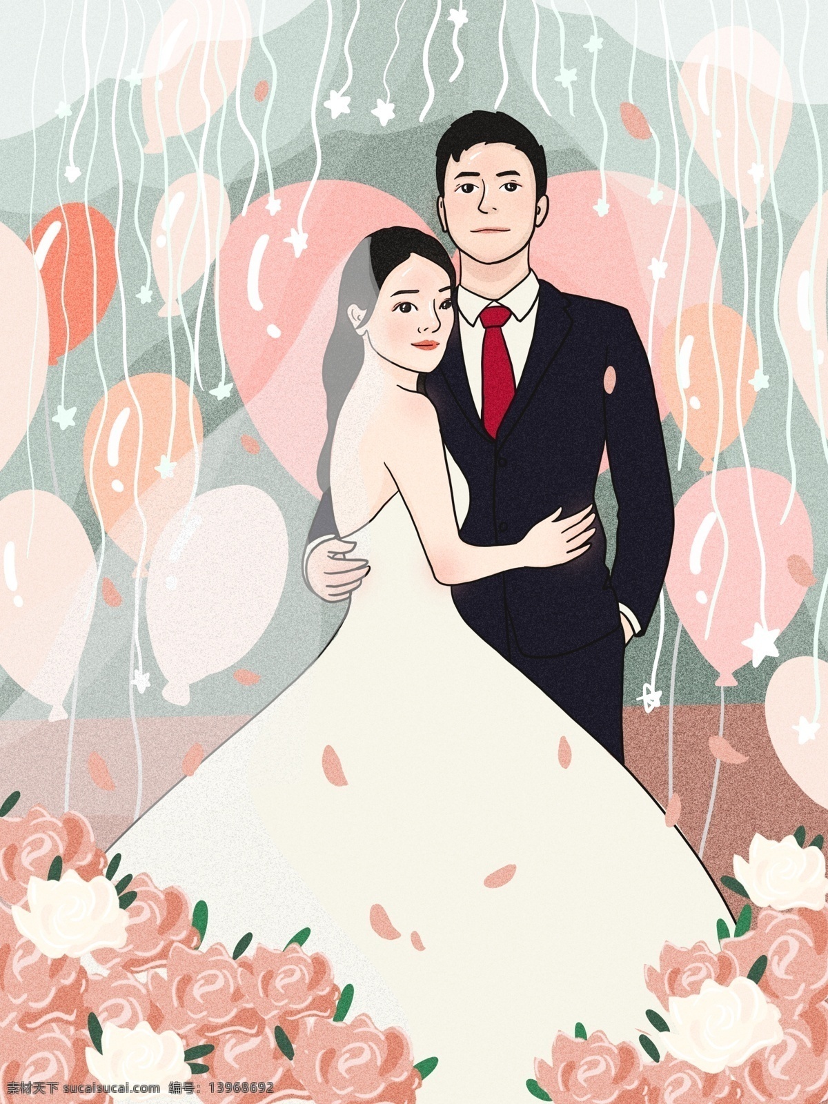 粉红 浪漫 温馨 小 清新 婚礼 场景 气球 心 小清新 插画 红 结婚 新娘 婚纱