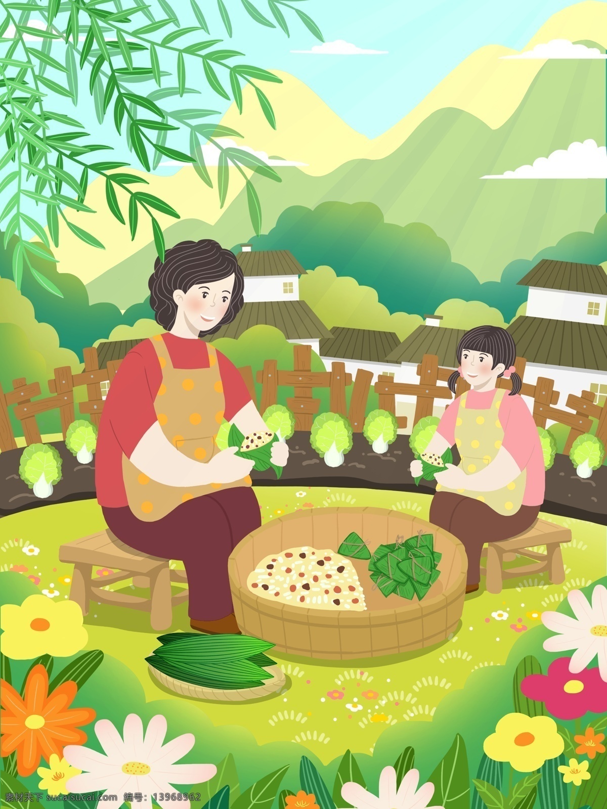 端午节 母女 院子 一起 包 粽子 柳叶 粽子叶 包粽子 花 白菜 土地 房子 篱笆 椅子 盆 群山 植物 插画 壁纸 包装 配图