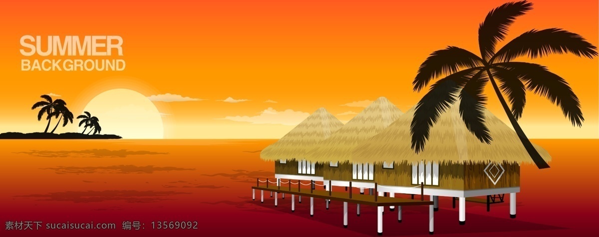 分层 背景 插画 大海 度假 房子 海洋 红日 卡通 夏天 风景 模板下载 夏天风景素材 小岛 椰树 木屋 夕阳 太阳 云 晚霞 休闲 源文件 海报 促销海报