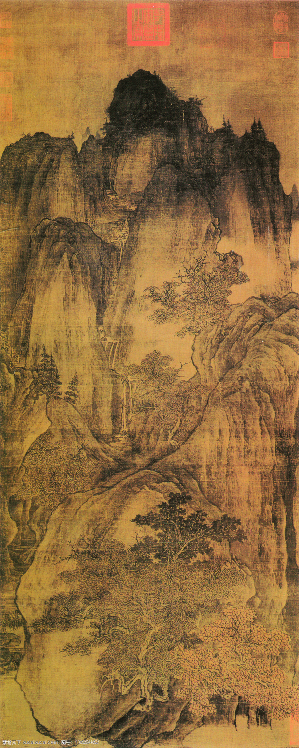 秋山晚翠图 中国工笔画 背景 关仝 山水画 松树 风景 水墨画 树林 文化艺术 绘画书法 设计图库