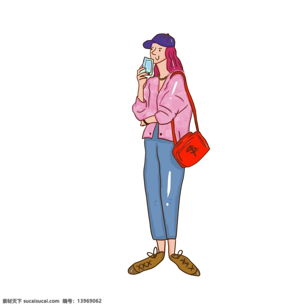 简约 背包 长发 女生 手绘 插图 源文件 英伦风 萌哒哒 可爱 少女 插画 卡通 清新 微笑 粉色