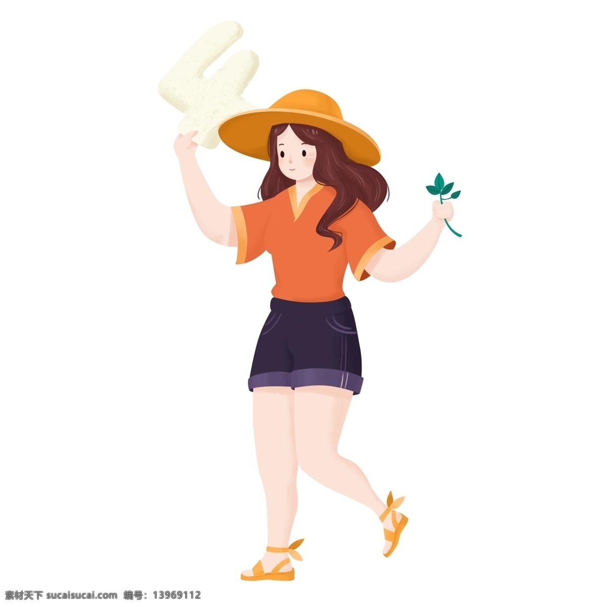 卡通 创意 数字 女孩 插画 女生 人物 少女 美女 夏季 遮阳帽 青年 青年节