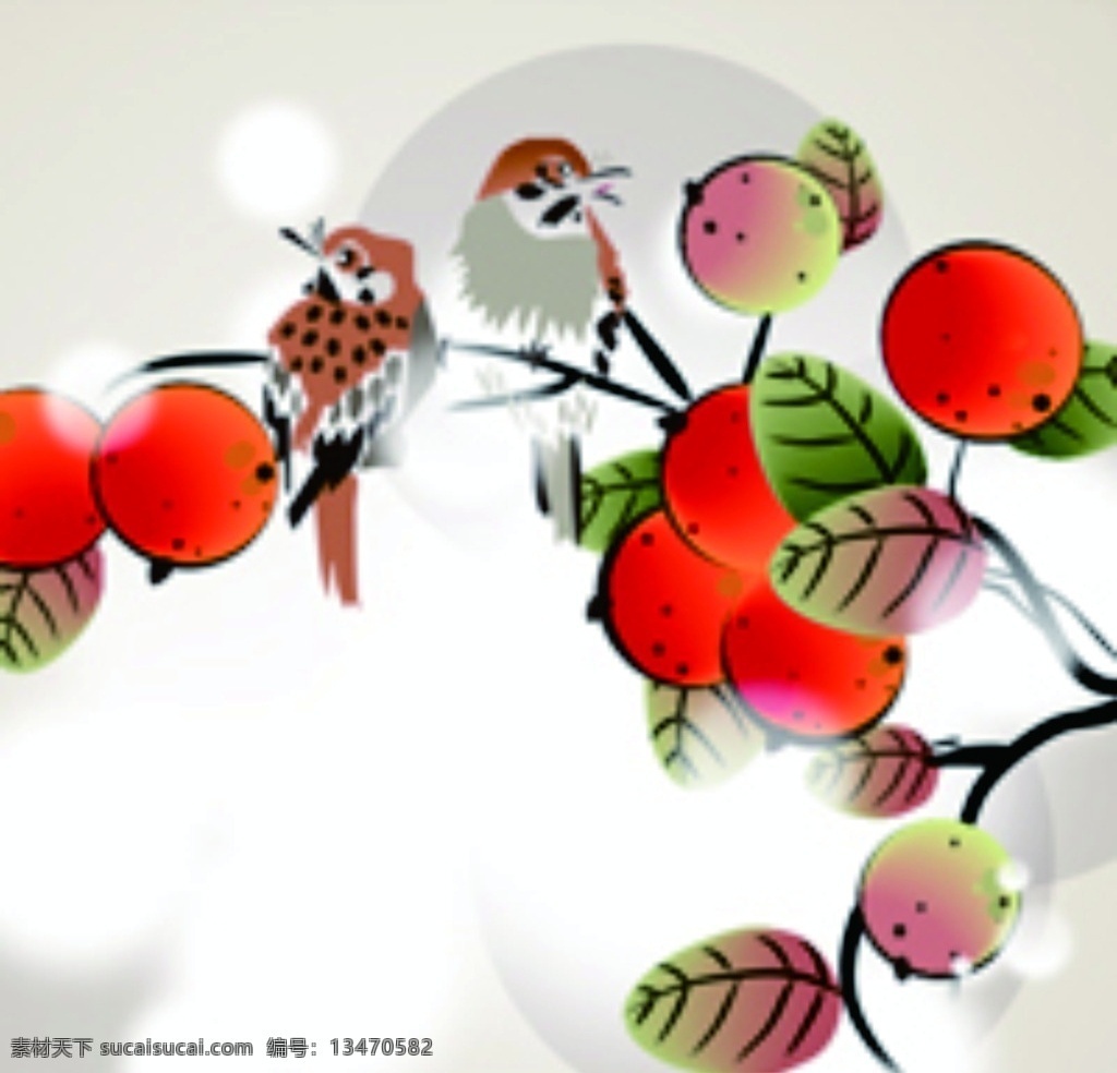 花鸟国画 国画 麻雀 橙子 彩绘 树叶 画册设计