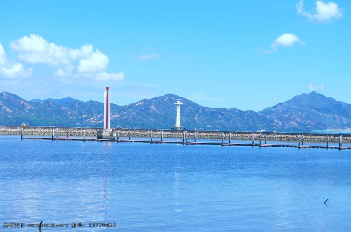 大海 航标 建筑景观 景观 山脉 深圳 天空 大海景观 深圳蛇口 蛇口港 远眺 围堰 海事检测台 云彩 自然景观 风景 生活 旅游餐饮