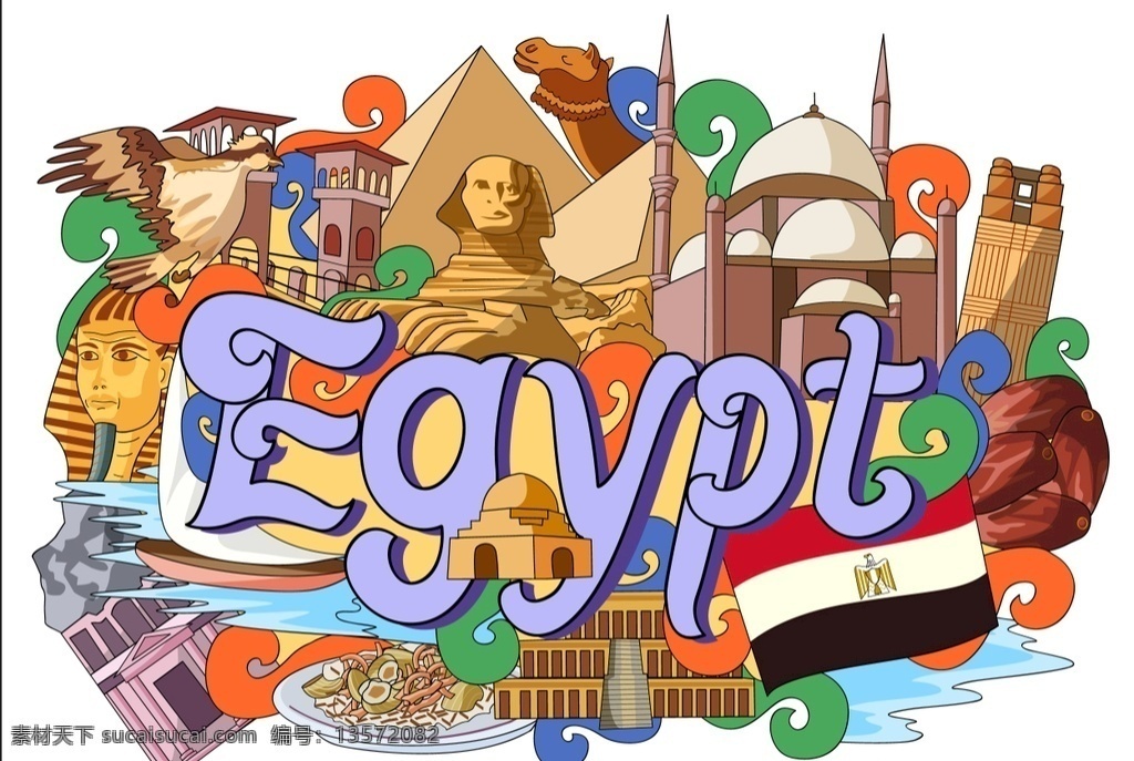 埃及 国家 手绘 插画 世界 名胜 景点 卡通 动物 首都 漫画 主题 元素 古老 魅力 文化遗产 观光 地标建筑 著名 位置 风格 背景 旅游 城市 概念 历史