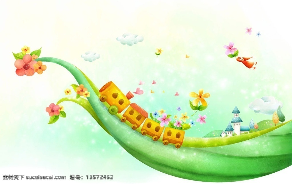 春天小火车 季节色彩 卡通画 绿色月亮船 卡通小火车 花花草草 小房子 新芽 卡通素材 童年时代 梦幻童年 风景漫画 韩国卡通素材 风景 分层 源文件