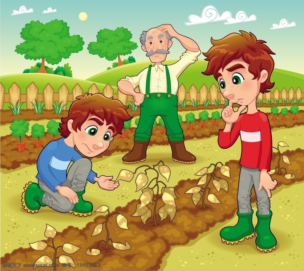 查看 植物 农民 卡通画 查看植物 老人 绿树 草地 篱笆 男孩 卡通形象 矢量人物 矢量素材 黄色