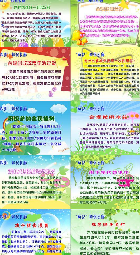 节约粮食 世界地球日 随手关灯 展板模板 知识长廊 合理使用空调 合理回收垃圾 减少 使用 一次性 用品 积极 参加 全民 植树 合理使用冰箱 手帕代替纸巾 矢量