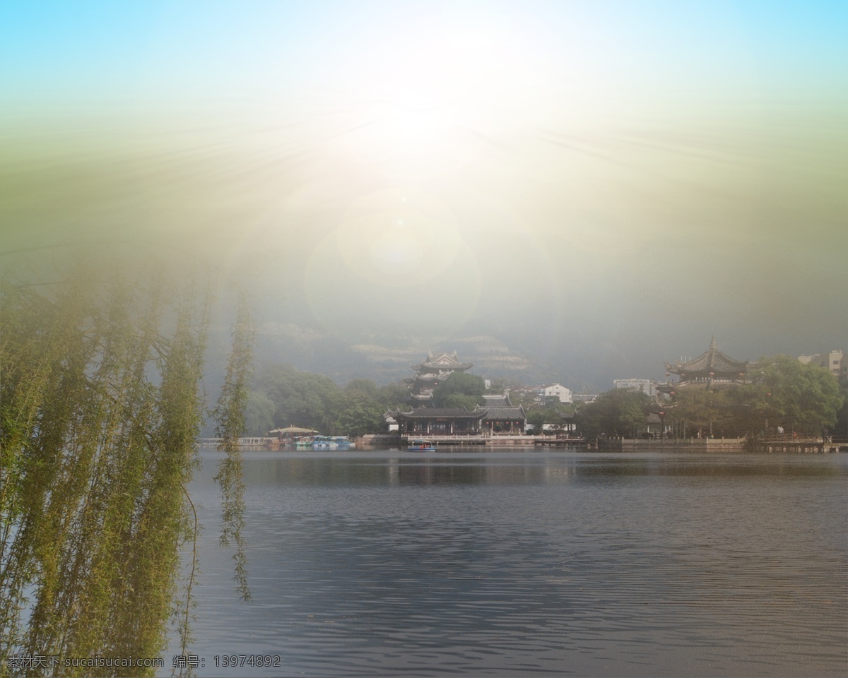 山水画 分层 风景画 柳树 群山 山清水秀 塔 西湖 自然山水 源文件 家居装饰素材 山水风景画