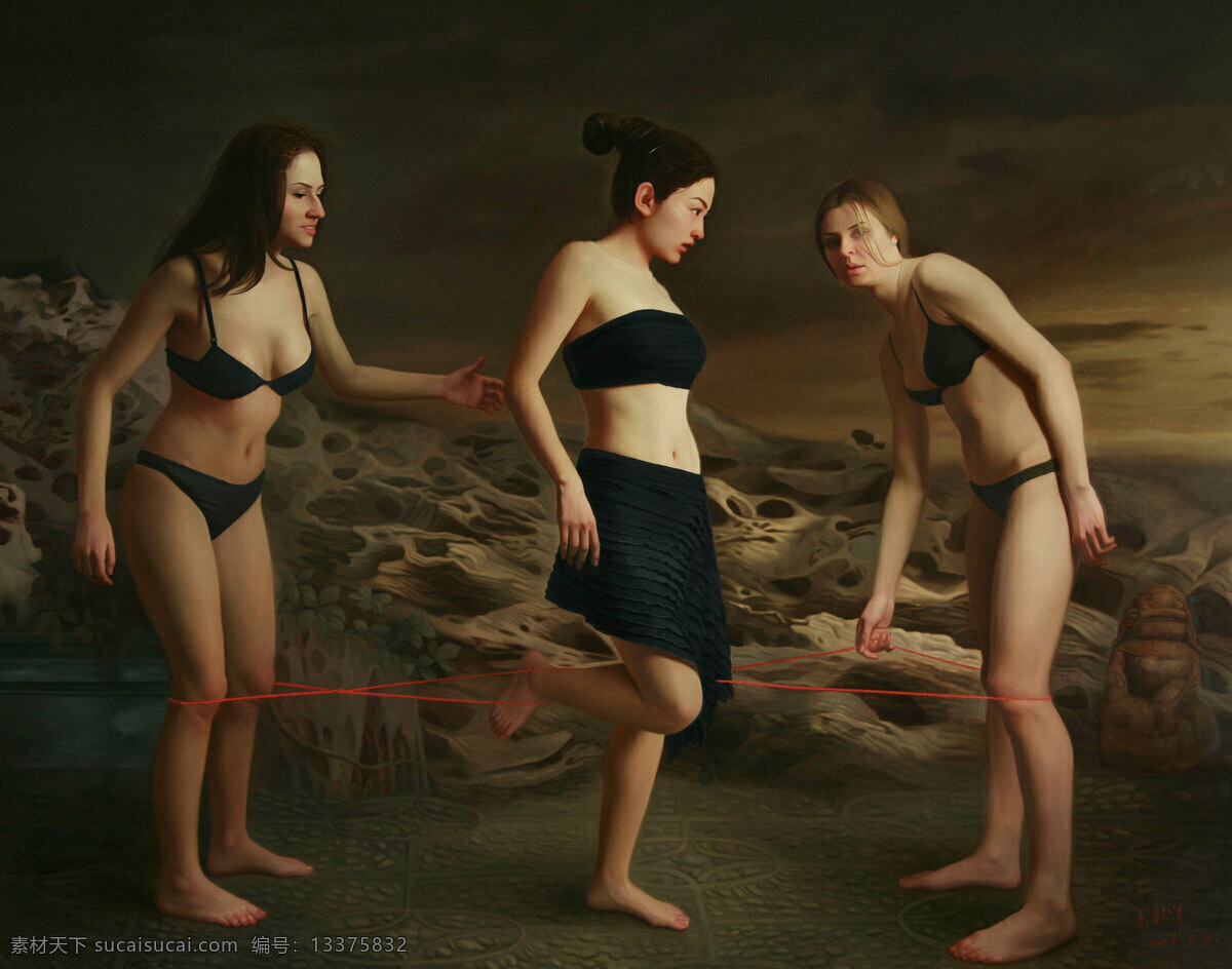 绘画书法 美女 女人 人物画 跳绳 文化艺术 现代油画 三人行 冥冥 油画 运动 红绳子 油画作品 家居装饰素材