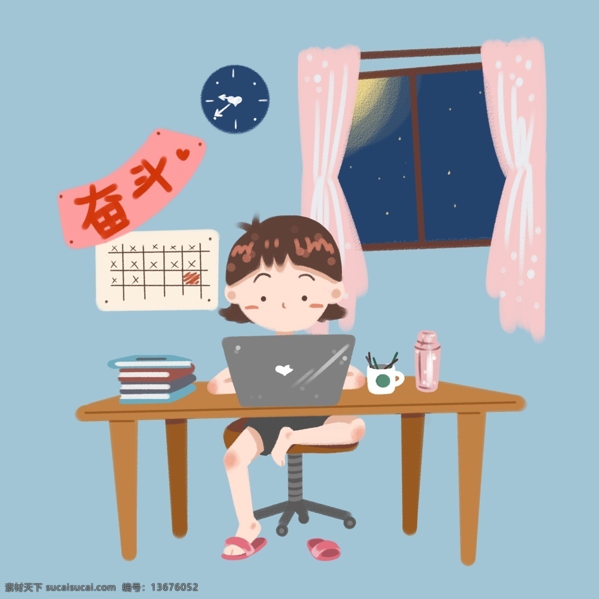 手绘 认真 复习 小女孩 女孩 奋斗 学习 努力 可爱 晚上 夏天