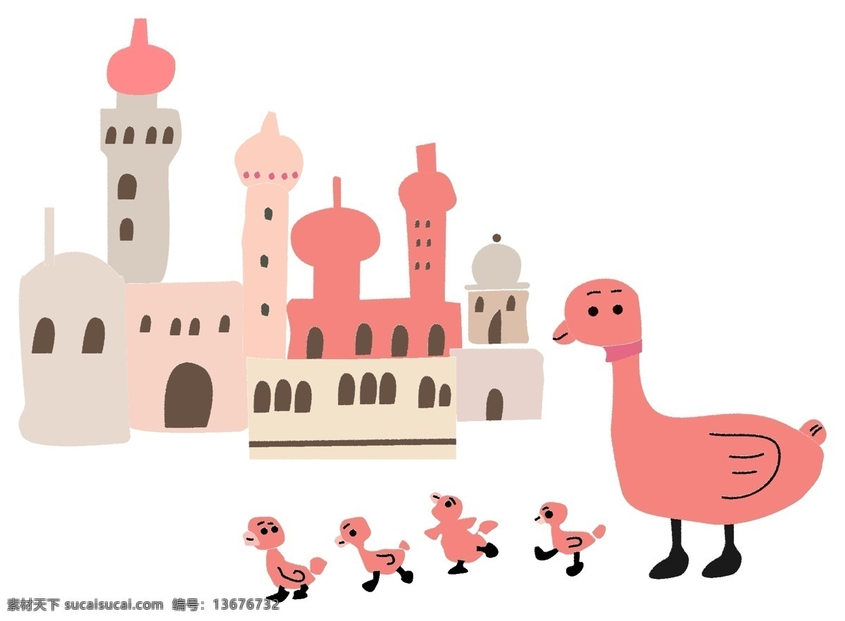 矢量 手绘 卡通 鸭子 城堡 粉色 建筑 白色 浅色 免扣 城市 王国 梦幻 公主 鸭宝宝