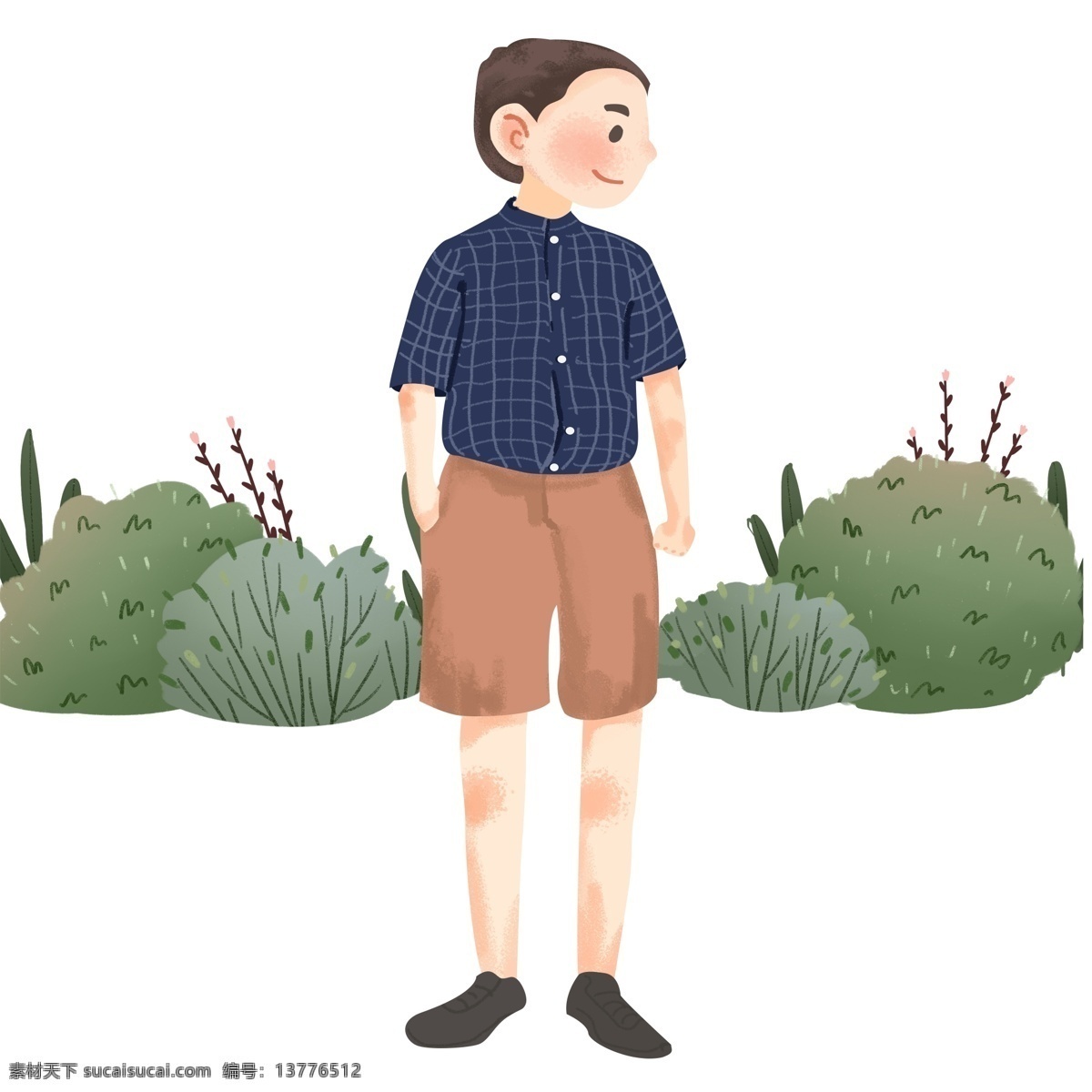彩色 男孩 青春 元素 创意 服装 短发 女孩 灌木 卡通插画 大自然 春季 季节 变化 保护环境 开花 花朵
