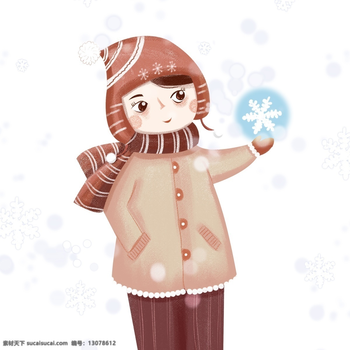 冬天 大雪 中 雪球 女孩 唯美 清新 雪花 人物 插画 手绘