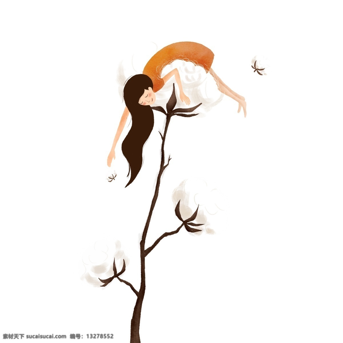 卡通 手绘 女孩 棉花 树上 原创 元素 简约 广告 设计元素 白色 柔软 原创元素