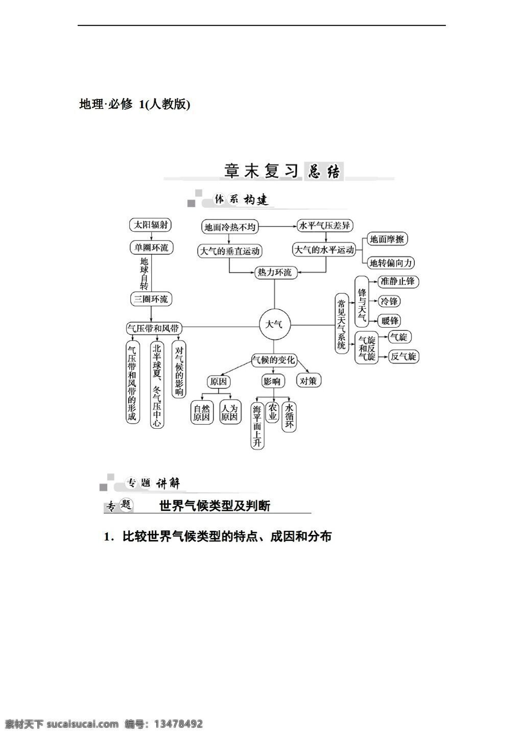 地理 人教 版 高中 必修 章 地球 上 大气 末 复习 总结 人教版 必修1 学案