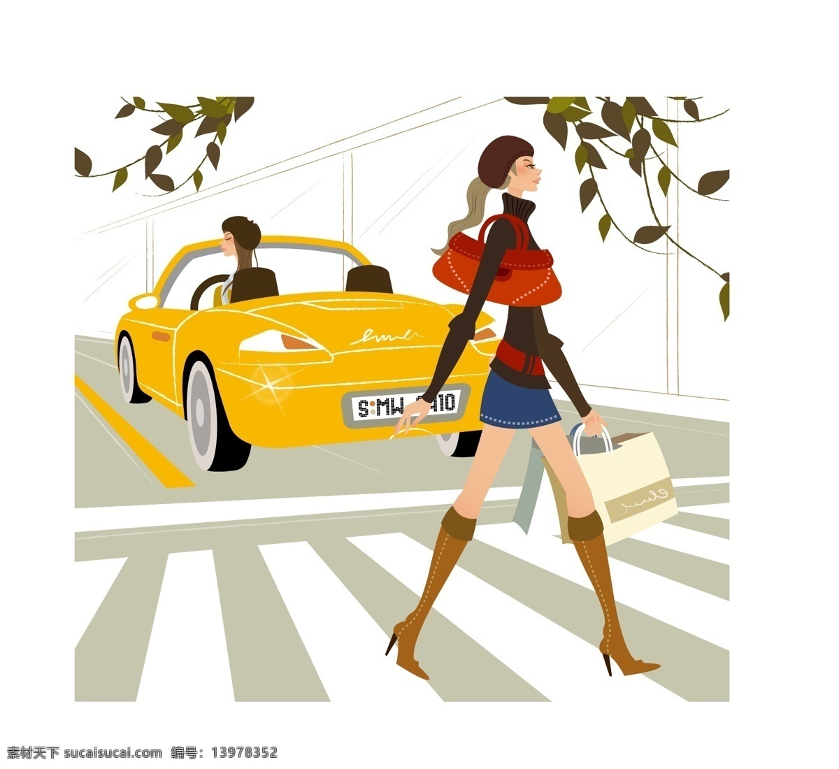 卡通 女人 矢量 背景 动漫素材 汽车 矢量素材 矢量图 矢量人物