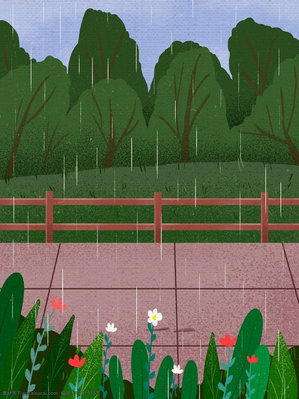 谷雨 节气 花园 树林 背景 传统节气 春天 春季 二十四节气 栅栏 下雨 花丛 背景设计 psd背景 背景展板 背景图