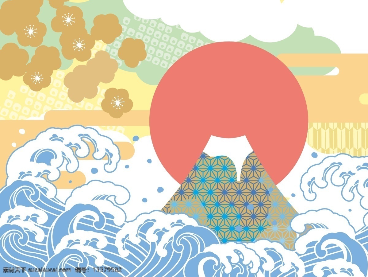中国 风 卡通 风景 扁平化 山 海水 太阳 海浪 树 矢量素材 蓝天 白云